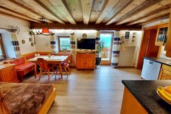 Gemütliches Wohnzimmer mit Essplatz, Sofa und direktem Zugang zum großen Balkon.