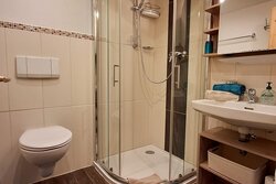 Das Bad mit Dusche und WC